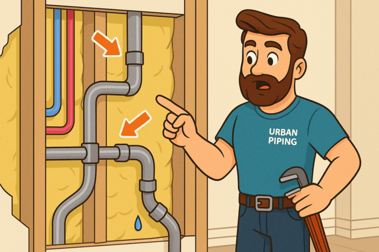 Cartoon plumber from Urban Piping inspecting exposed Poly B pipes behind a wall with leaks highlighted, representing poly b insurance concerns in Vancouver homes