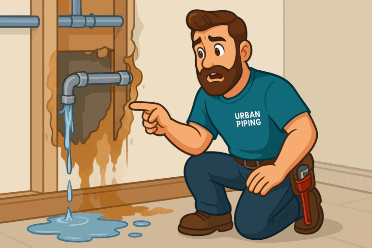 Creating a Poly B Risk Management Plan for Canadian Homeowners 1 Cartoon plumber from Urban Piping inspecting a leaking poly b pipe inside a wall with water spilling onto the floor in a Calgary home.