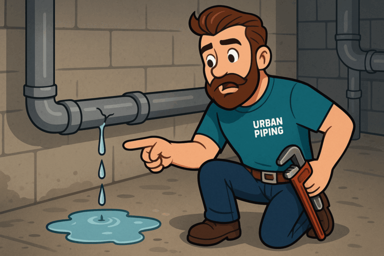 When to Replace Poly B in Vancouver: Timeline & Warning Signs 1 Cartoon plumber in Urban Piping shirt inspecting a leaking poly b pipe in a basement, with water dripping onto the floor, emphasizing pipe replacement needs in Vancouver.