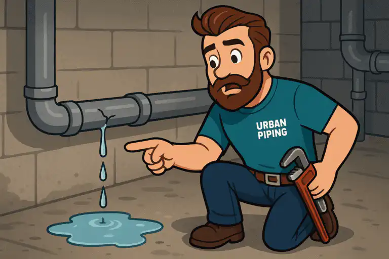 Cartoon plumber in Urban Piping shirt inspecting a leaking poly b pipe in a basement, with water dripping onto the floor, emphasizing pipe replacement needs in Vancouver.
