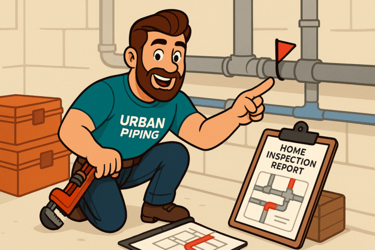 Cartoon plumber in Urban Piping shirt pointing at poly b pipes flagged during home inspection with report showing piping diagram in a basement setting