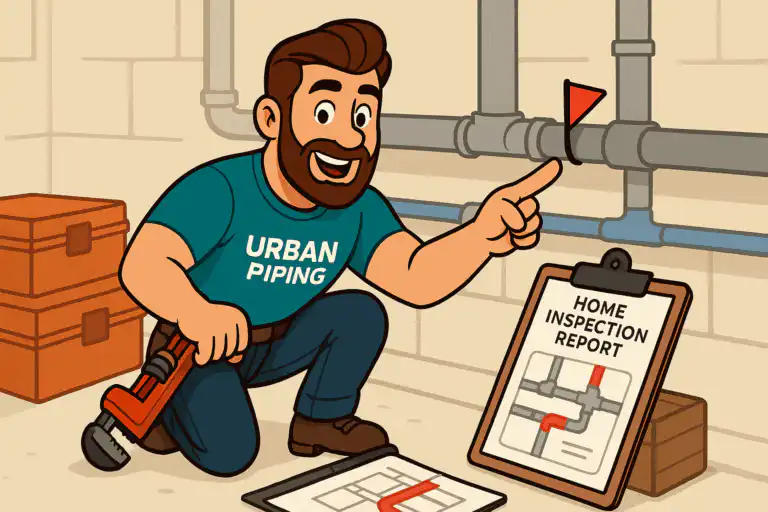 Cartoon plumber in Urban Piping shirt pointing at poly b pipes flagged during home inspection with report showing piping diagram in a basement setting
