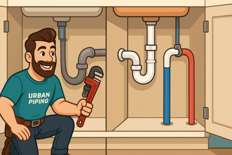 Cartoon plumber from Urban Piping kneeling with wrench by exposed poly b and PVC plumbing under a kitchen sink, illustrating inspection and maintenance for Canadian rental property regulations.