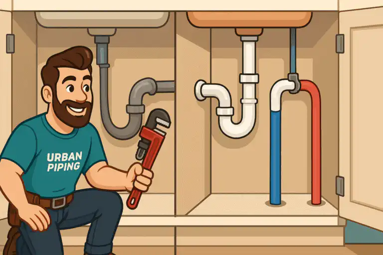 Canadian Landlord Guide: Poly B Regulations for Rental Properties 1 Cartoon plumber from Urban Piping kneeling with wrench by exposed poly b and PVC plumbing under a kitchen sink, illustrating inspection and maintenance for Canadian rental property regulations.