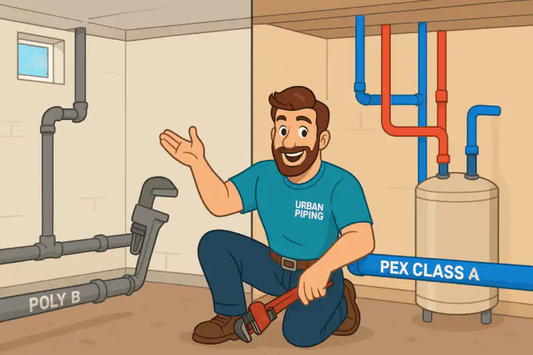 Cartoon plumber from Urban Piping kneeling between labelled Poly B and PEX Class A pipes in a basement, demonstrating plumbing assessment process