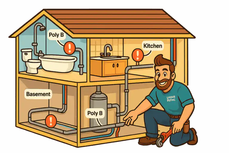 Illustration of a house interior showing highlighted poly b plumbing pipes in the kitchen, bathroom, and basement, with a friendly Urban Piping technician pointing to problem areas