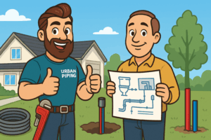 Cartoon plumber from Urban Piping giving thumbs up beside a homeowner holding plumbing schematics in front of a house with exposed pipes and tools, representing poly b plumbing assessment services in Calgary, Edmonton, and Vancouver