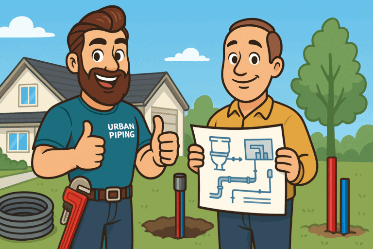 Cartoon plumber from Urban Piping giving thumbs up beside a homeowner holding plumbing schematics in front of a house with exposed pipes and tools, representing poly b plumbing assessment services in Calgary, Edmonton, and Vancouver