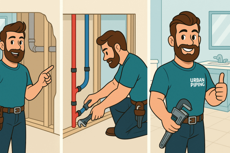 Identifying Poly B Pipes in Canadian Homes: National Visual Guide 1 Cartoon plumber inspecting exposed blue and red Poly B pipes inside a wall, using tools, and giving a thumbs-up in a bathroom while wearing an Urban Piping shirt