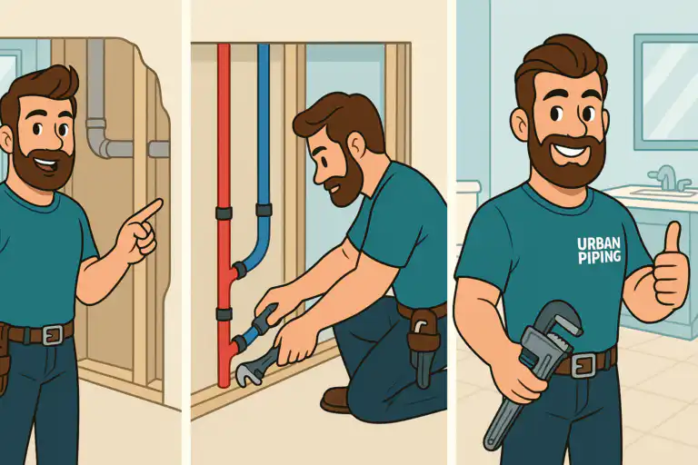 Cartoon plumber inspecting exposed blue and red Poly B pipes inside a wall, using tools, and giving a thumbs-up in a bathroom while wearing an Urban Piping shirt