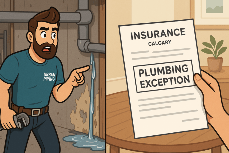 Cartoon plumber from Urban Piping points at a leaking poly b pipe in a Calgary home, while a hand holds an insurance document showing a plumbing exception.