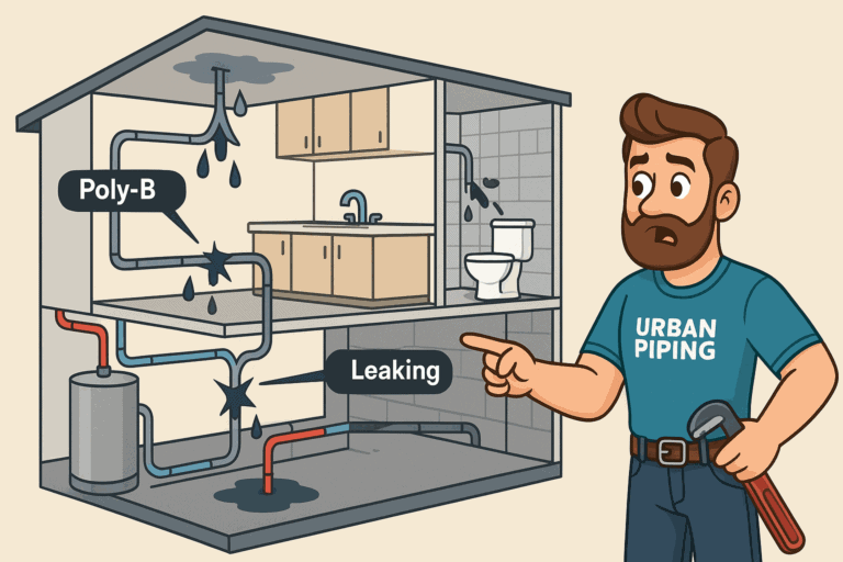 Illustration showing a concerned plumber from Urban Piping examining a house with leaking Poly-B pipes, water damage in the kitchen and bathroom, labeled Poly-B and leaking, representing plumbing assessment in Canada