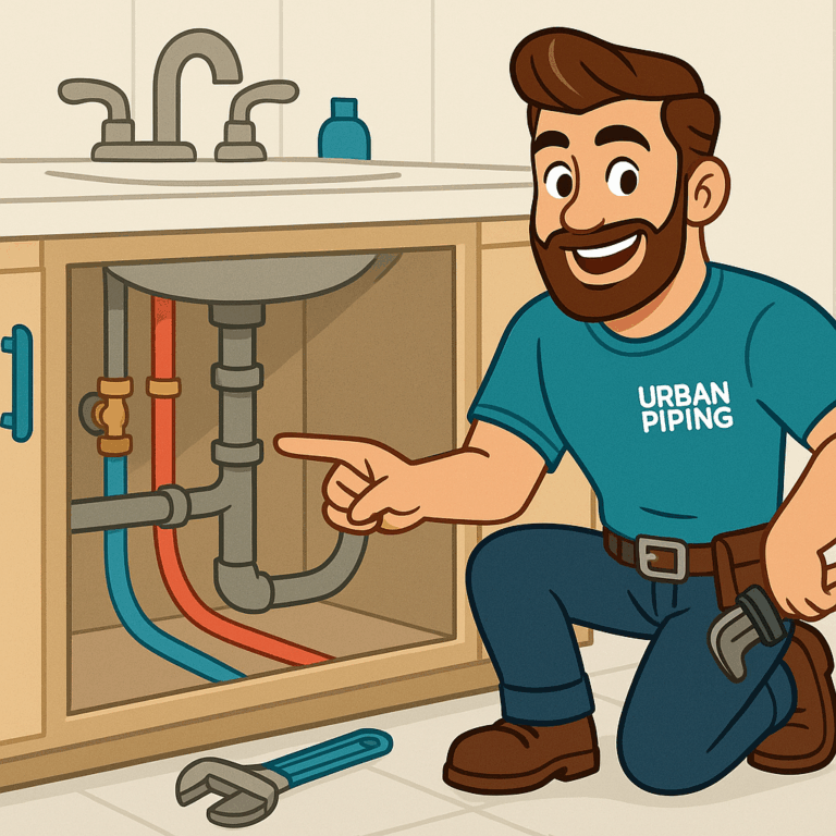 Cartoon plumber from Urban Piping kneeling beside open kitchen sink cabinet, pointing at poly b piping with repair tools on the floor