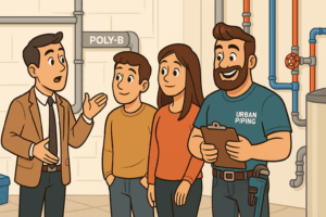 A professional from Urban Piping explains poly b plumbing disclosure requirements to a family with visible poly b pipes in a home utility room in Calgary, Edmonton or Vancouver.