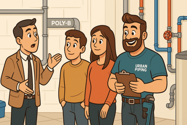Poly B Replacement and Plumbing Services 33 A professional from Urban Piping explains poly b plumbing disclosure requirements to a family with visible poly b pipes in a home utility room in Calgary, Edmonton or Vancouver.
