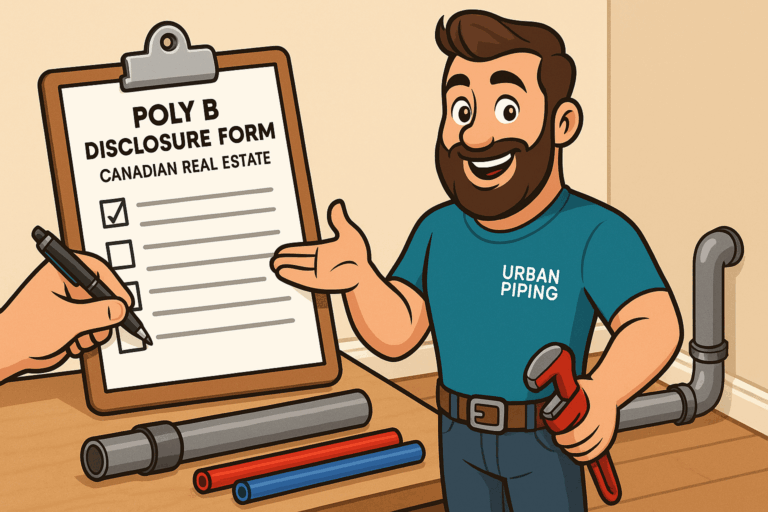 Cartoon plumber wearing Urban Piping shirt stands beside Poly B disclosure form on clipboard with poly b pipes on table in Canadian real estate setting