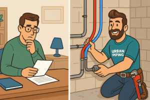 Poly B Replacement 74 Illustration showing a concerned landlord reviewing documents beside a professional plumber from Urban Piping inspecting poly b pipes in a rental property basement, representing compliance with Canadian rental property regulations in Calgary, Edmonton, and Vancouver.