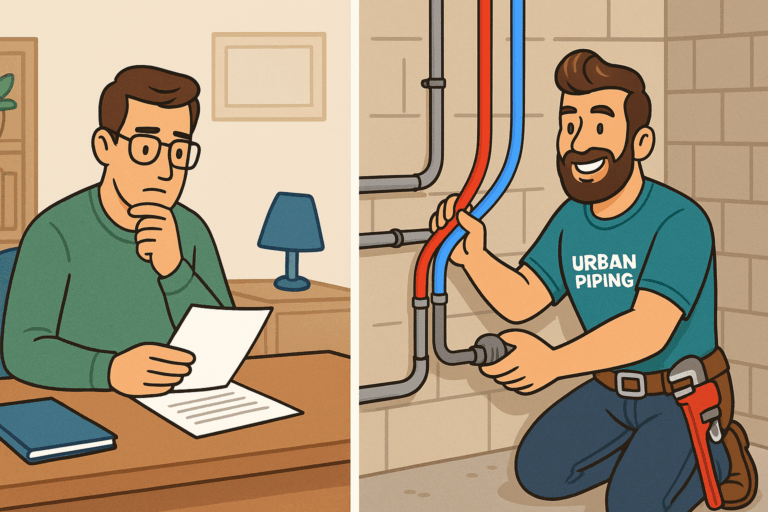 Poly B Replacement and Plumbing Services 29 Illustration showing a concerned landlord reviewing documents beside a professional plumber from Urban Piping inspecting poly b pipes in a rental property basement, representing compliance with Canadian rental property regulations in Calgary, Edmonton, and Vancouver.