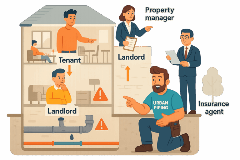 Illustration showing a landlord, tenant, property manager, insurance agent, and a plumber from Urban Piping inspecting poly b plumbing pipes with warning signs inside a rental property structure in a Canadian city environment
