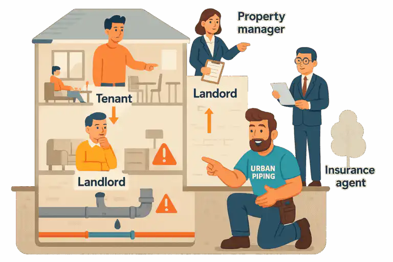 Canadian Landlord Guide: Poly B Regulations for Rental Properties 2 Illustration showing a landlord, tenant, property manager, insurance agent, and a plumber from Urban Piping inspecting poly b plumbing pipes with warning signs inside a rental property structure in a Canadian city environment