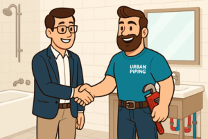 Illustration of an Urban Piping plumber shaking hands with a client in a condo bathroom, symbolizing trusted poly b replacement services in Calgary