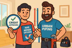 Two people discussing pipe repair options in a condo, one holding a credit approved sign and the other wearing an Urban Piping shirt with plumbing tools and poly b pipes visible in the background