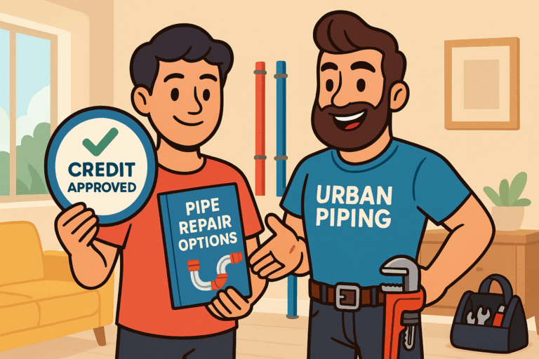 Two people discussing pipe repair options in a condo, one holding a credit approved sign and the other wearing an Urban Piping shirt with plumbing tools and poly b pipes visible in the background