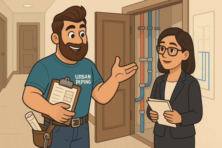 Vancouver Condo Poly B Repiping: Strata Process, Costs & Timeline 5 Urban Piping technician discussing poly b replacement with a condo manager in front of exposed piping in a condominium building hallway