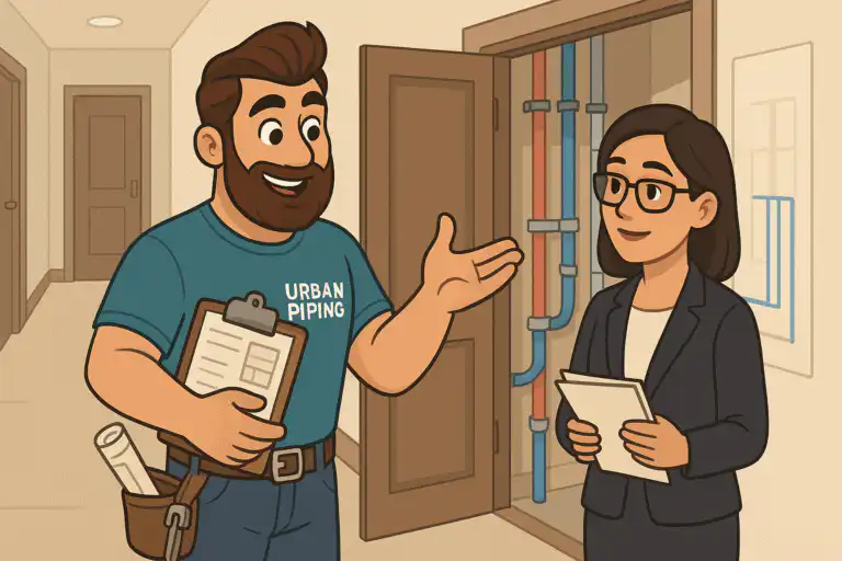 Urban Piping technician discussing poly b replacement with a condo manager in front of exposed piping in a condominium building hallway