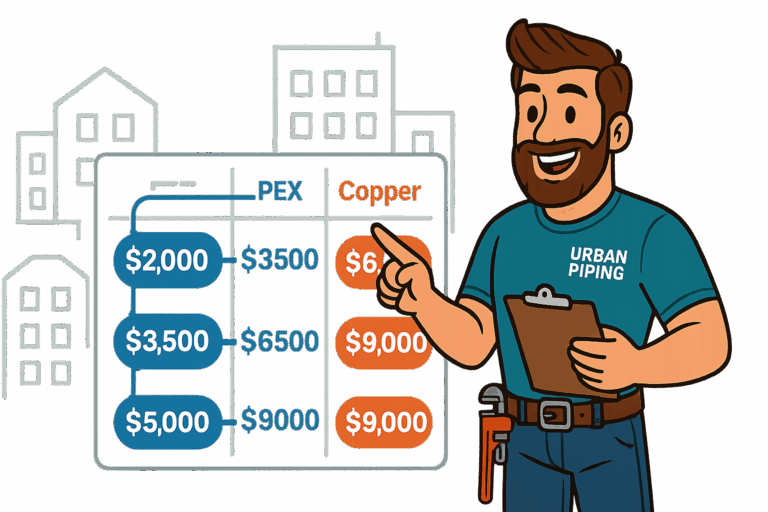 Cartoon plumber in Urban Piping shirt pointing at a cost comparison chart for poly b replacement in condos, showing PEX and copper repiping options with prices