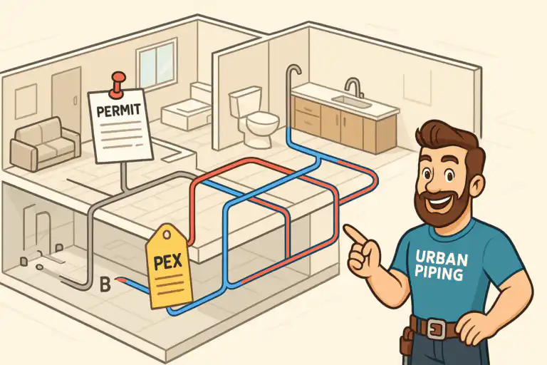 Cartoon diagram showing a condo interior with highlighted poly b pipes being replaced with PEX piping, a permit sign, and a smiling Urban Piping technician in Calgary, Edmonton, or Vancouver.