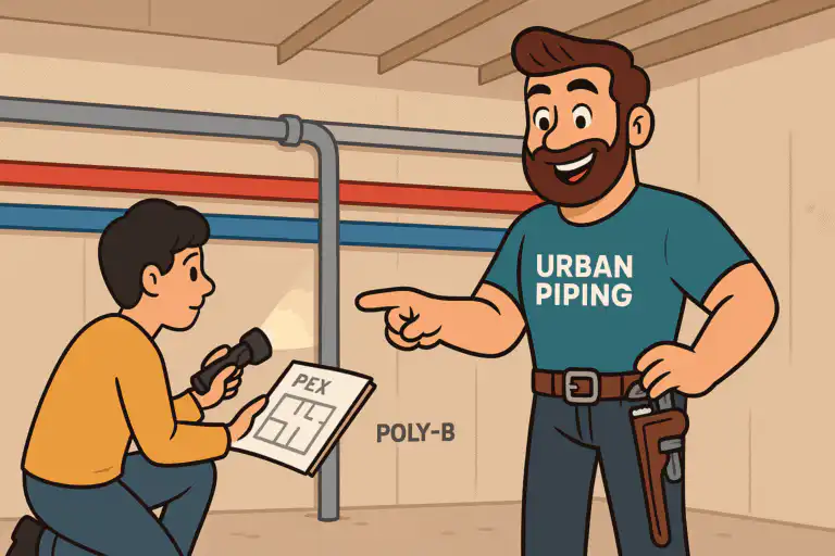 Cartoon plumber from Urban Piping advising a condo resident during a poly b replacement inspection, with visible blue and red pipes and a PEX plumbing plan in a Calgary or Edmonton basement.