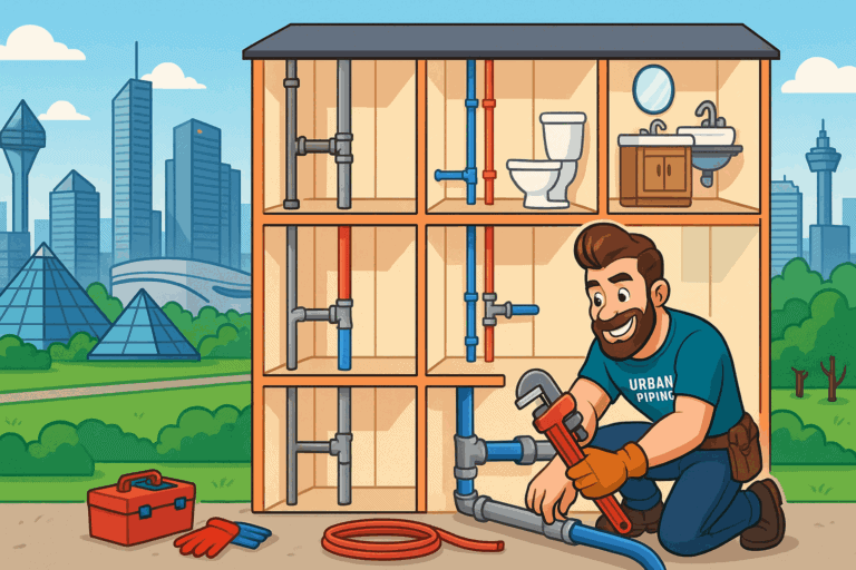 A smiling plumber from Urban Piping works on replacing Poly B pipes in a condo model, with city buildings and parkland of Edmonton in the background. The detailed cutaway view highlights new plumbing installations and proper pipe replacements.