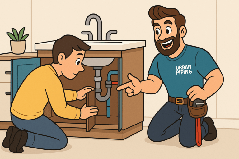 Cartoon plumber from Urban Piping showing a condo resident the pipes under a kitchen sink during a poly b replacement inspection in a Canadian condominium