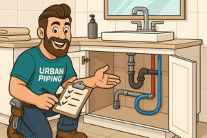 Cartoon plumber from Urban Piping inspecting pipes with checklist under condo bathroom sink, showing modern poly b replacement work