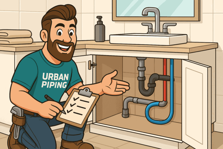 Cartoon plumber from Urban Piping inspecting pipes with checklist under condo bathroom sink, showing modern poly b replacement work