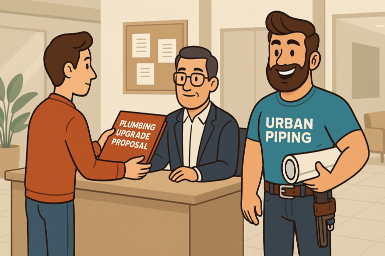 A friendly Urban Piping plumber and a condo representative meet with a property manager to discuss a plumbing upgrade proposal in a modern office setting, illustrating poly b replacement solutions for condos in Canadian cities.