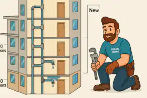 Illustration of a condo building showing old leaking poly b pipes being replaced with new piping, with a smiling plumber in an Urban Piping shirt holding a wrench