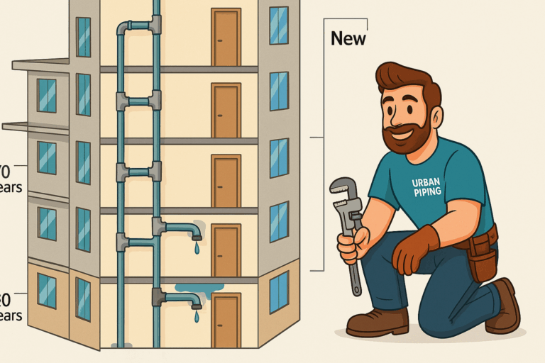 Illustration of a condo building showing old leaking poly b pipes being replaced with new piping, with a smiling plumber in an Urban Piping shirt holding a wrench