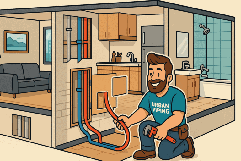 Vancouver Condo Poly B Repiping: Strata Process, Costs & Timeline 3 Illustration of an Urban Piping technician replacing poly b plumbing pipes inside a modern condo with visible kitchen, bathroom, and living room
