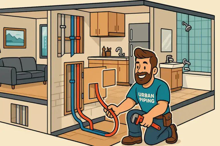 Illustration of an Urban Piping technician replacing poly b plumbing pipes inside a modern condo with visible kitchen, bathroom, and living room