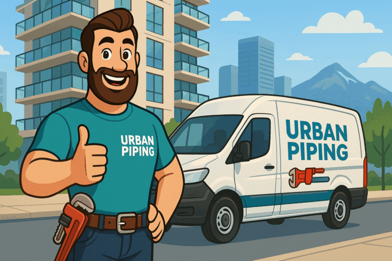 Vancouver Condo Poly B Repiping: Strata Process, Costs & Timeline 1 Smiling Urban Piping technician giving a thumbs up with a condo building and branded service van in Vancouver in the background, symbolizing poly b replacement services