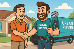 Cartoon plumber from Urban Piping shaking hands with a happy homeowner in front of house and branded service van in a suburban neighborhood
