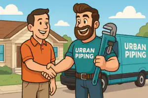 Cartoon plumber from Urban Piping shaking hands with a happy homeowner in front of house and branded service van in a suburban neighborhood