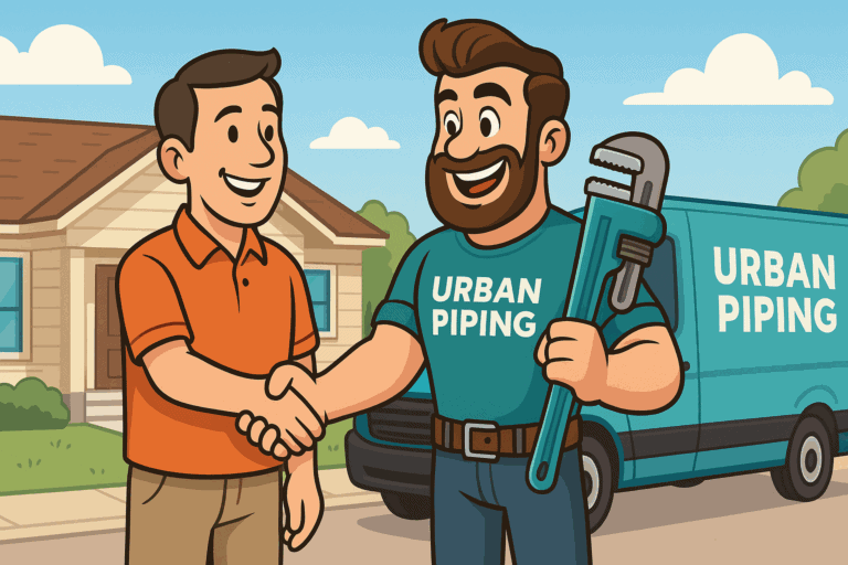 Cartoon plumber from Urban Piping shaking hands with a happy homeowner in front of house and branded service van in a suburban neighborhood