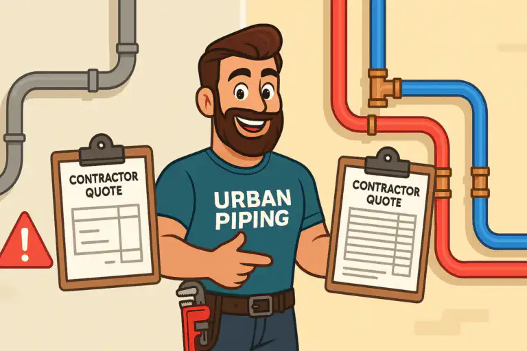 Cartoon plumber with Urban Piping shirt holding contractor quotes between old grey and new red blue water supply pipes illustrating poly b replacement cost in Edmonton