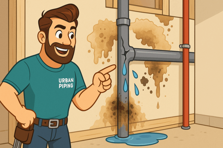 Cartoon plumber in Urban Piping shirt pointing at a leaking pipe with water damage on the wall, illustrating poly b replacement issues in Edmonton homes