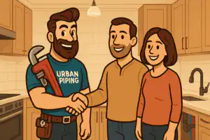 Urban Piping plumber shaking hands with two smiling homeowners in a bright kitchen, representing trustworthy poly b replacement service in Edmonton