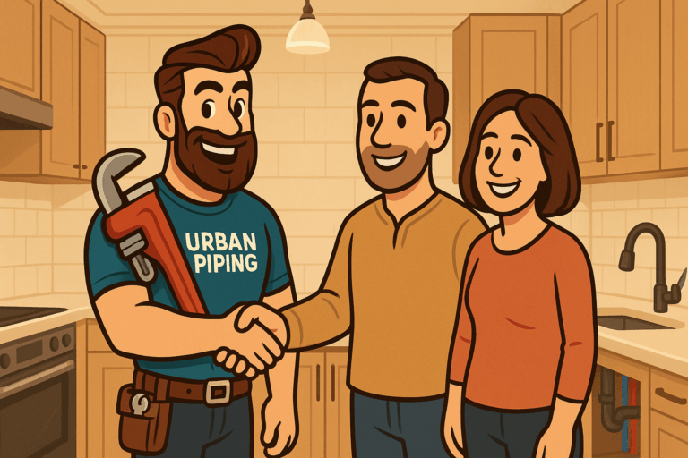 Urban Piping plumber shaking hands with two smiling homeowners in a bright kitchen, representing trustworthy poly b replacement service in Edmonton
