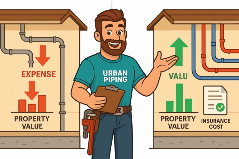 Cartoon plumber presenting a comparison between old poly b pipes causing lower property value and costs, and new replaced pipes increasing value and lowering insurance costs, with clear Urban Piping branding